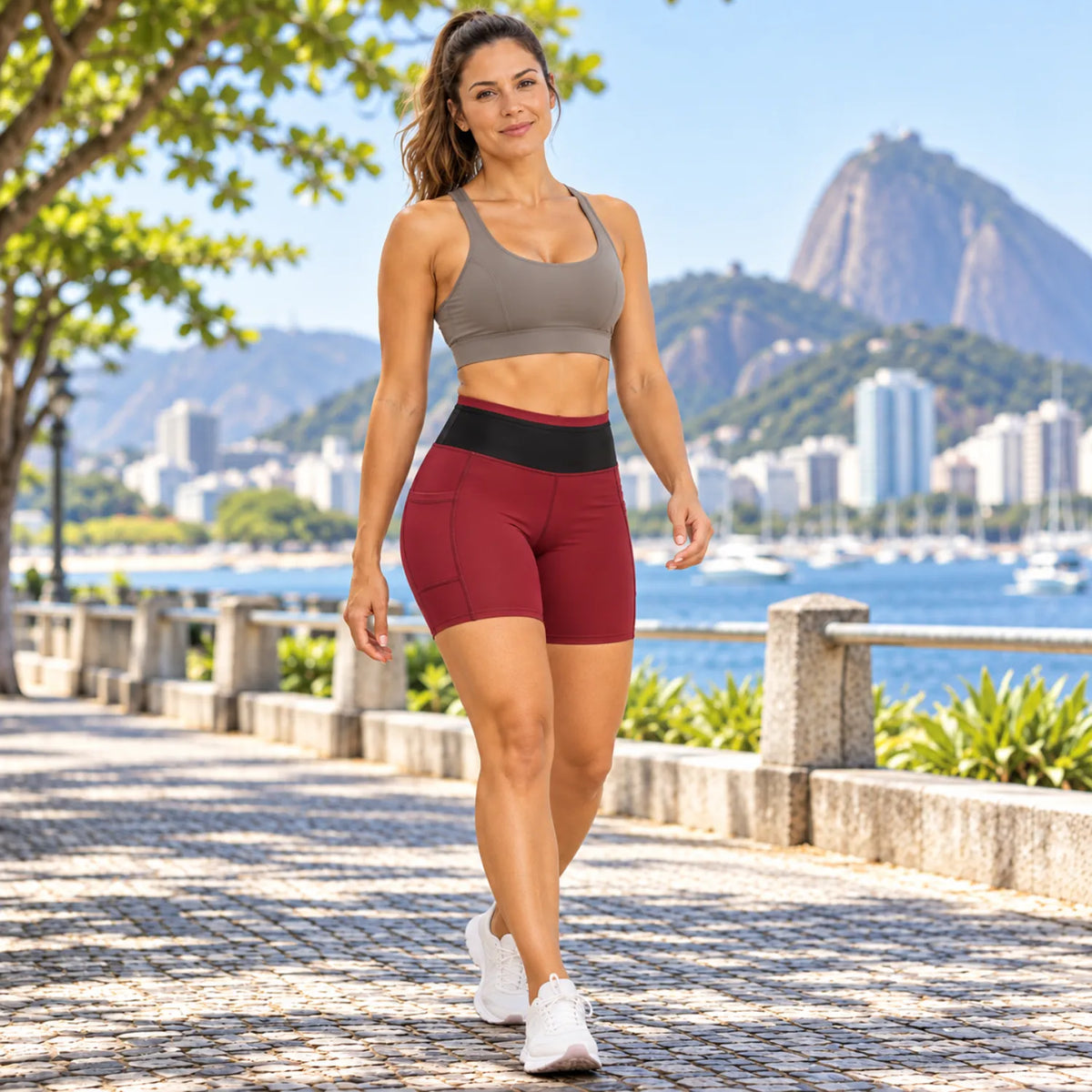 Short Feminino de Compressão com 6 Bolsos e Cintura Alta — GRIYGO
