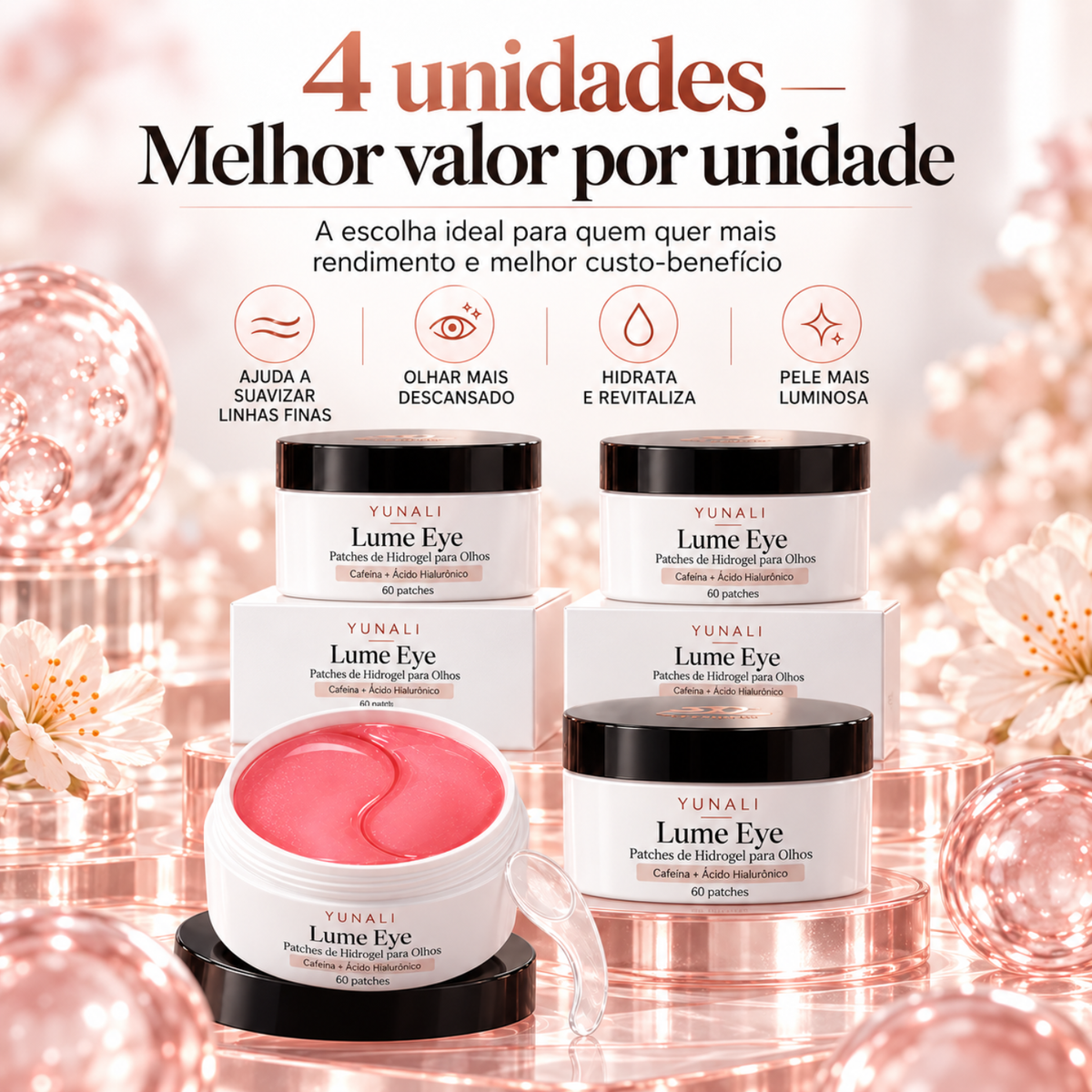 YUNALI Lume Eye Patches de Hidrogel para Olhos com Cafeína e Ácido Hialurônico